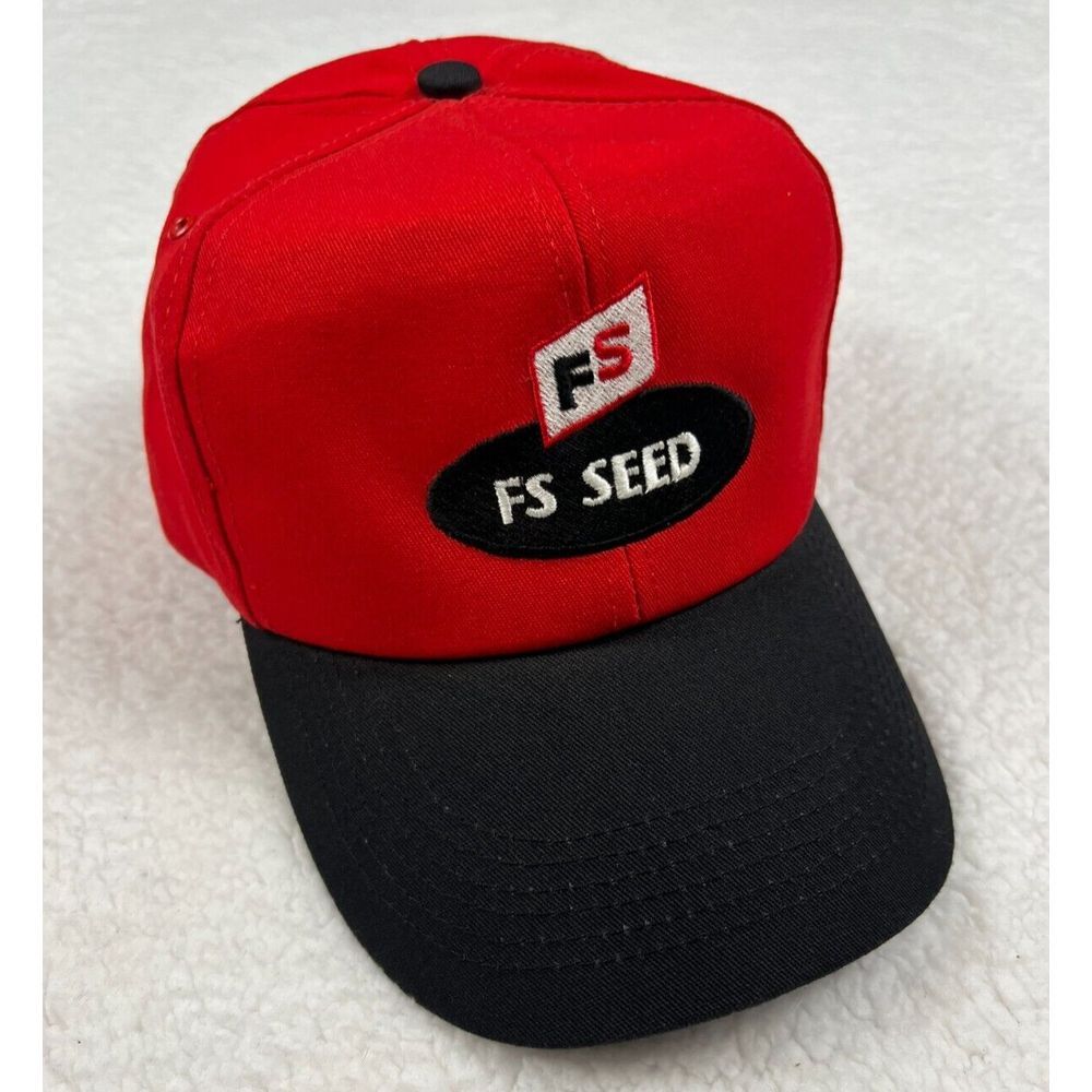 Vintage K Products FS Seed Feed Farmer Red Black High Crown Trucker Snapback USA